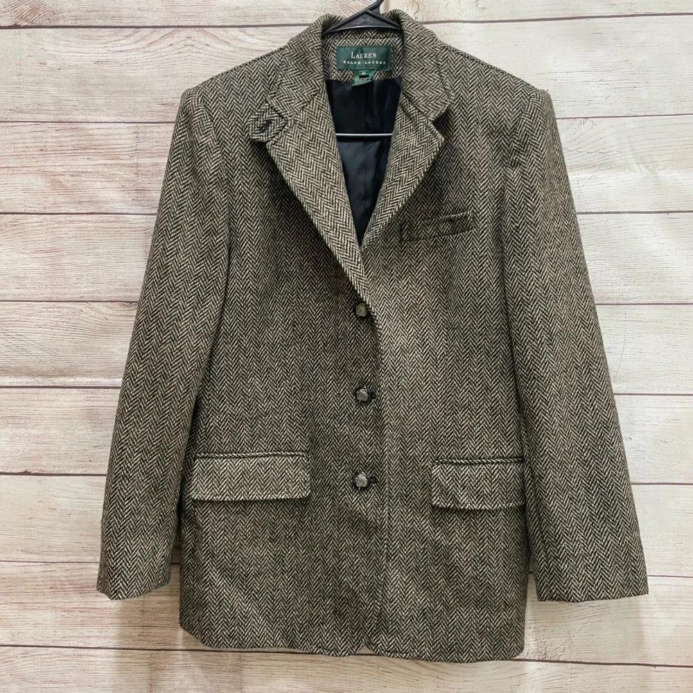 VINTAGE LAUREN RALPH LAUREN TWEED EQUESTRIAN 100% WOOL BLAZER IN HERRINGBONE - Picture 2 of 9